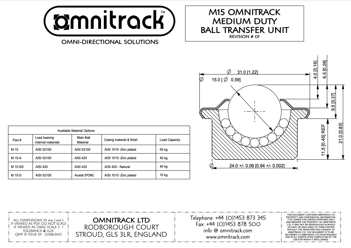 M15K Omnitrack Push Fit Medium Duty Ball Transfer Unit 5/8'' Ball with AISI52100 Chrome Steel Balls
