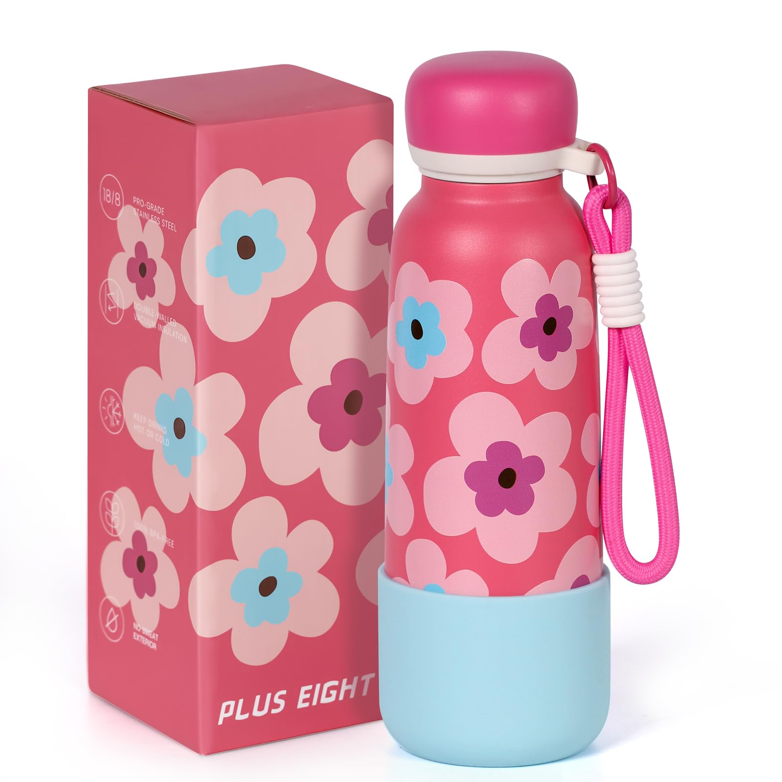 pluseight 560ml/19oz Water Bottle with Straw Lid, Stainless Steel Water Bottle with Non-slip Silicone Base for Sports, Gym or Office, BPA-Free Keep Cold 18H Hot 12H (Purple Flower)