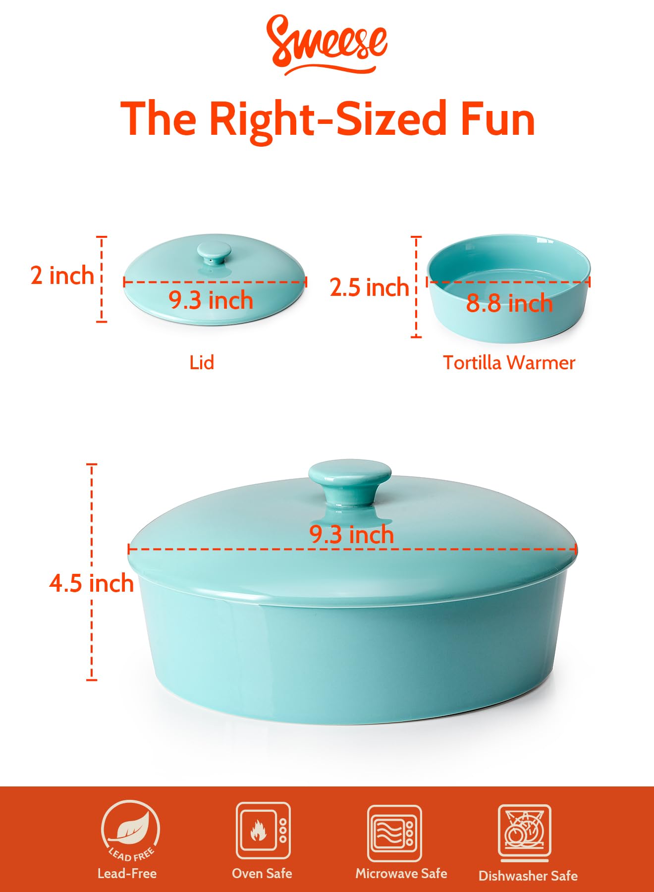 Sweese 740.102 Tortilla-Wärmer aus Porzellan, für bis zu 12 Tortillas, Keramik-Tortilla-Servierer, weißer Tortilla-Halter mit Deckel, mexikanische Fiesta Party, mikrowellen- und ofenfest