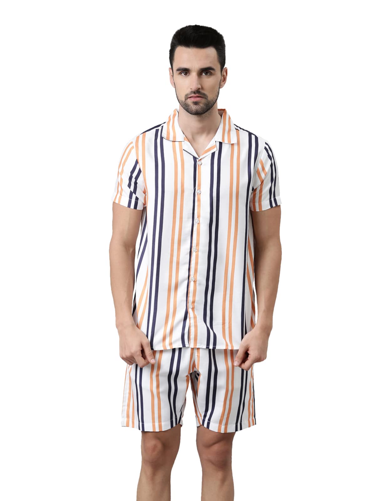 bushirt Men's Regular Spruce Orange Printed Pajama Set, Short Sleeves Button Front Night Suit, Relaxed Fit Co-Ords with Chinese Collar & Elastic Waist Pajamas, Stylish & Comfortable Sleepwear - S-picture-43