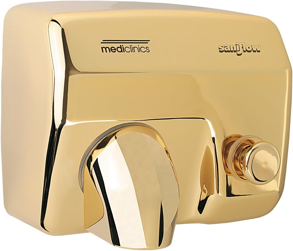 E88O-UL Push Button Operated Hand Dryer, Steel One-Piece Cover with Bright Golden Chrome Plated Steel 5/64" (1.9 mm) Thick, Aluminum Centrifugal Turbine with Double Symmetrical Inlet