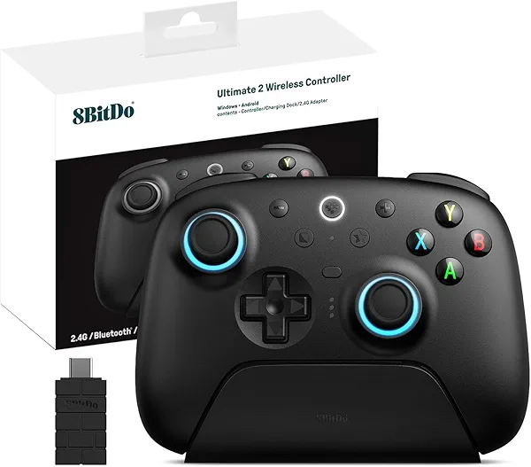 8Bitdo Ultimate 2 Wireless 2.4G Controller (TMR Joystick Update), Star-Ring RGB Lights, Adjustable Trigger Locks, Gamepad with Charging Dock for Windows PC, Android (Black)