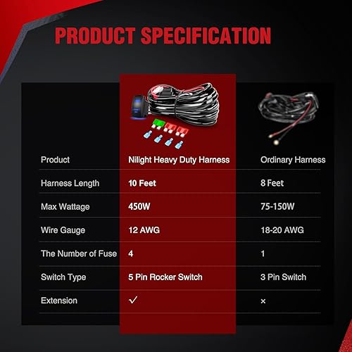 Miniatura 9 de Nilight Kit de arnés de cableado de barra de luz LED, 12 AWG, resistente, 12 V, 5 pines, interruptor basculante de encendido y apagado láser