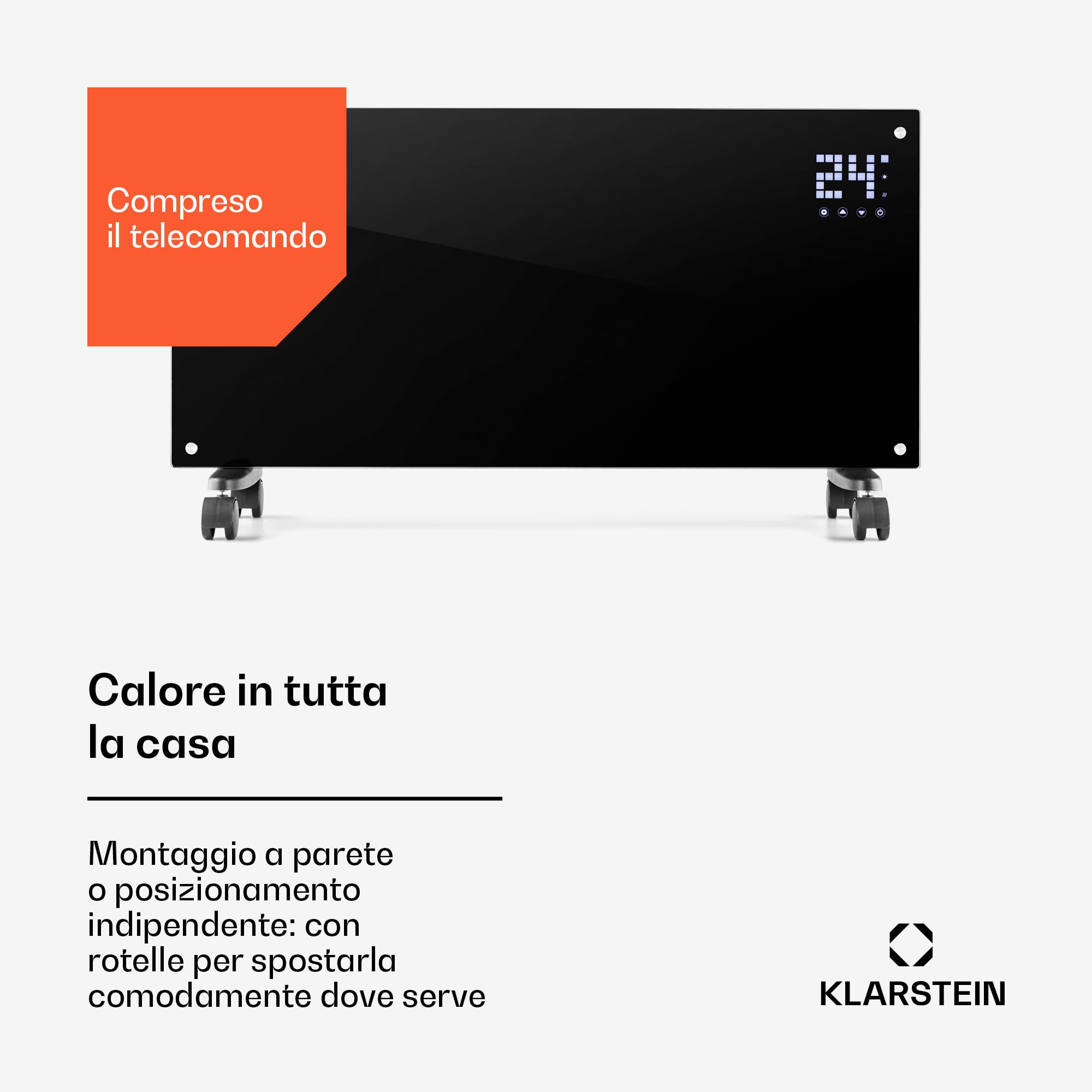 Klarstein Stufa Elettrica Basso Consumo, 2000W, Termoconvettore con Rotelle, Termosifone Portatile, a Parete con Termostato, Stufetta per Casa