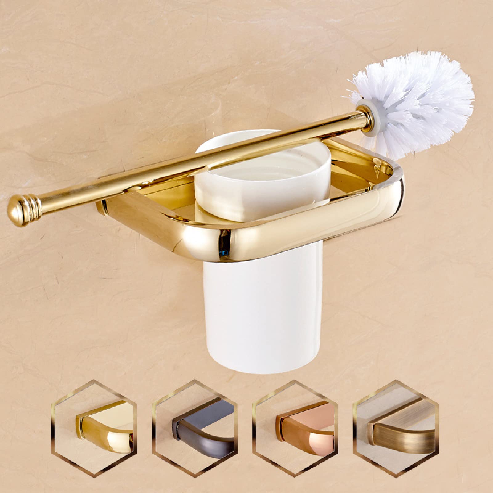 Szczotka do toalety, pełna miedź pozłacana, antyczny zestaw szczotek do wc Złota szczotka do wc Kubek ceramiczny Uchwyt na szczotkę do wc Szczotka do wc(Gold)