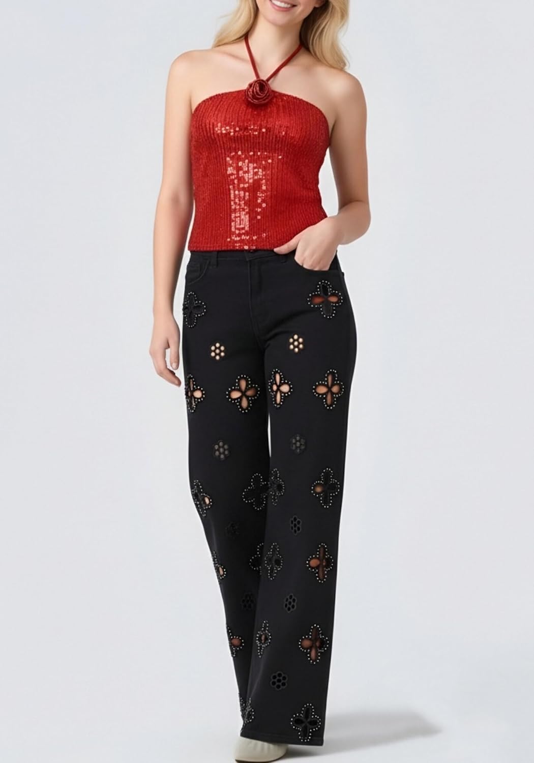 Vaceky Pearls Jeans Women Flower Hollow Out Straight Wide Leg Y2K Denim Pants