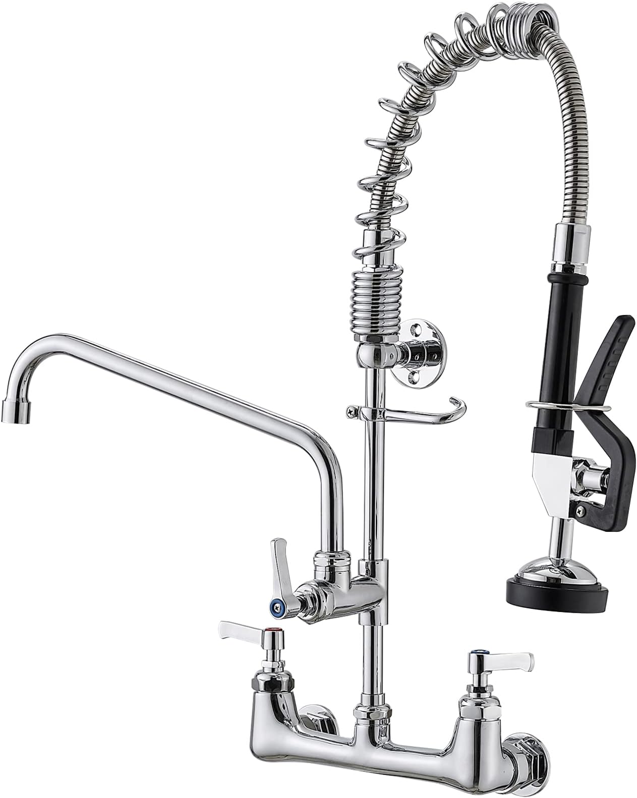BWE Utility Sink Faucet with Sprayer, Commercial Faucet with Sprayer, 20" Height Wall Mount Kitchen Sink Faucet with Pre-Rinse Spray 8" Adjustable Center for Restaurant Industrial