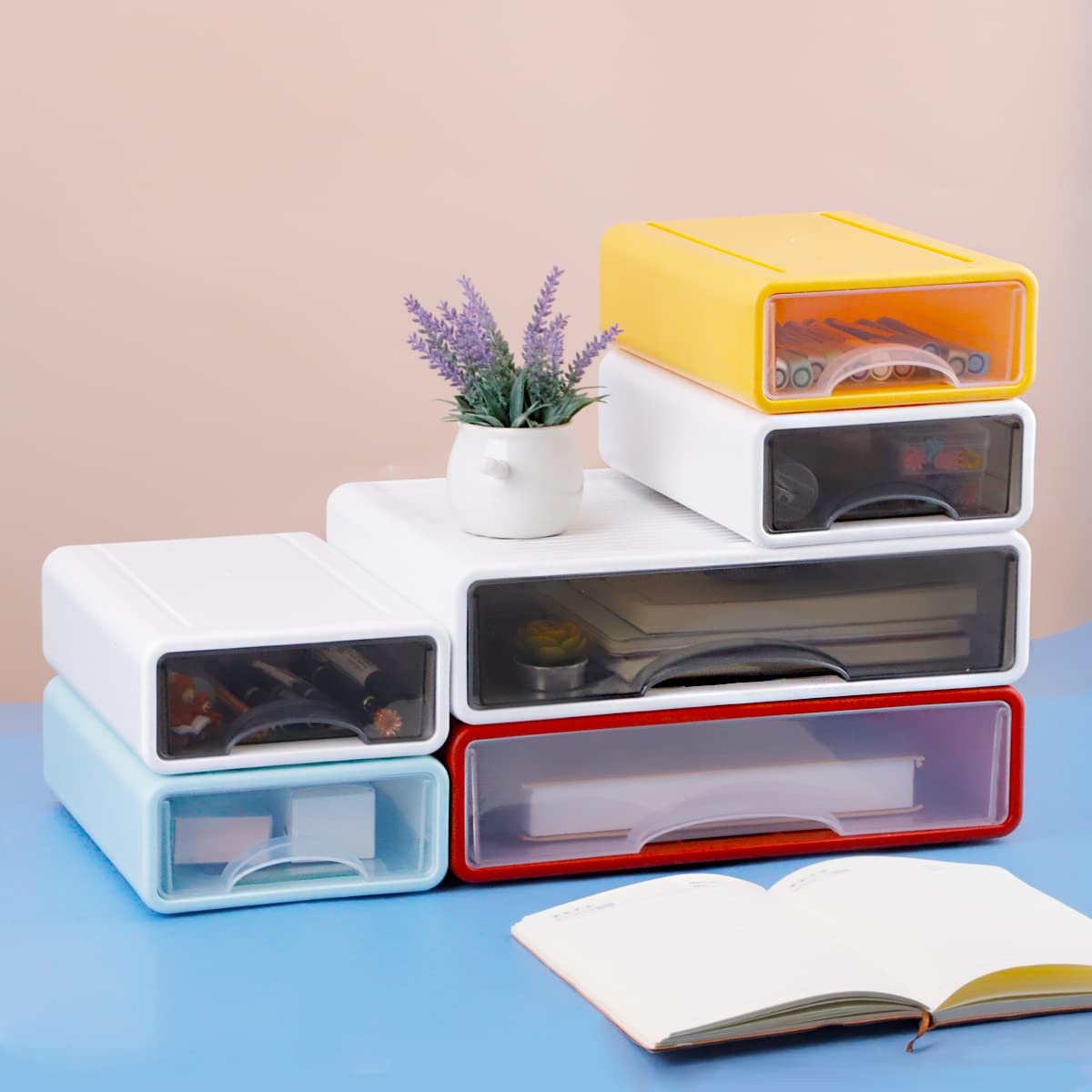 3 cassetti organizer da scrivania, impilabili, con 3 cassetti, organizer per cassetti da ufficio, accessori per organizzazione della scrivania, per casa, scuola, carta (bianco)