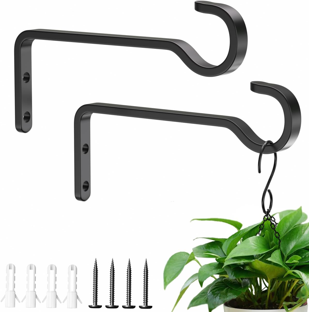 Josmimic 6-Inch Planter Hooks for Hanging Plants - Plant Hanger Hook Indoor Outdoor, Plant Wall Hooks, Brackets for Hanging Plants, Baskets, Wind Chime, Bird Feeder, Bird House (Black, Metal, 2 Pack)