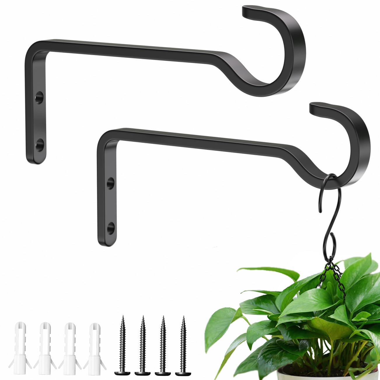 6-Inch Planter Hooks for Hanging Plants - Plant Hanger Hook Indoor Outdoor, Plant Wall Hooks, Brackets for Hanging Plants, Baskets, Wind Chime, Bird Feeder, Bird House (Black, Metal, 2 Pack)