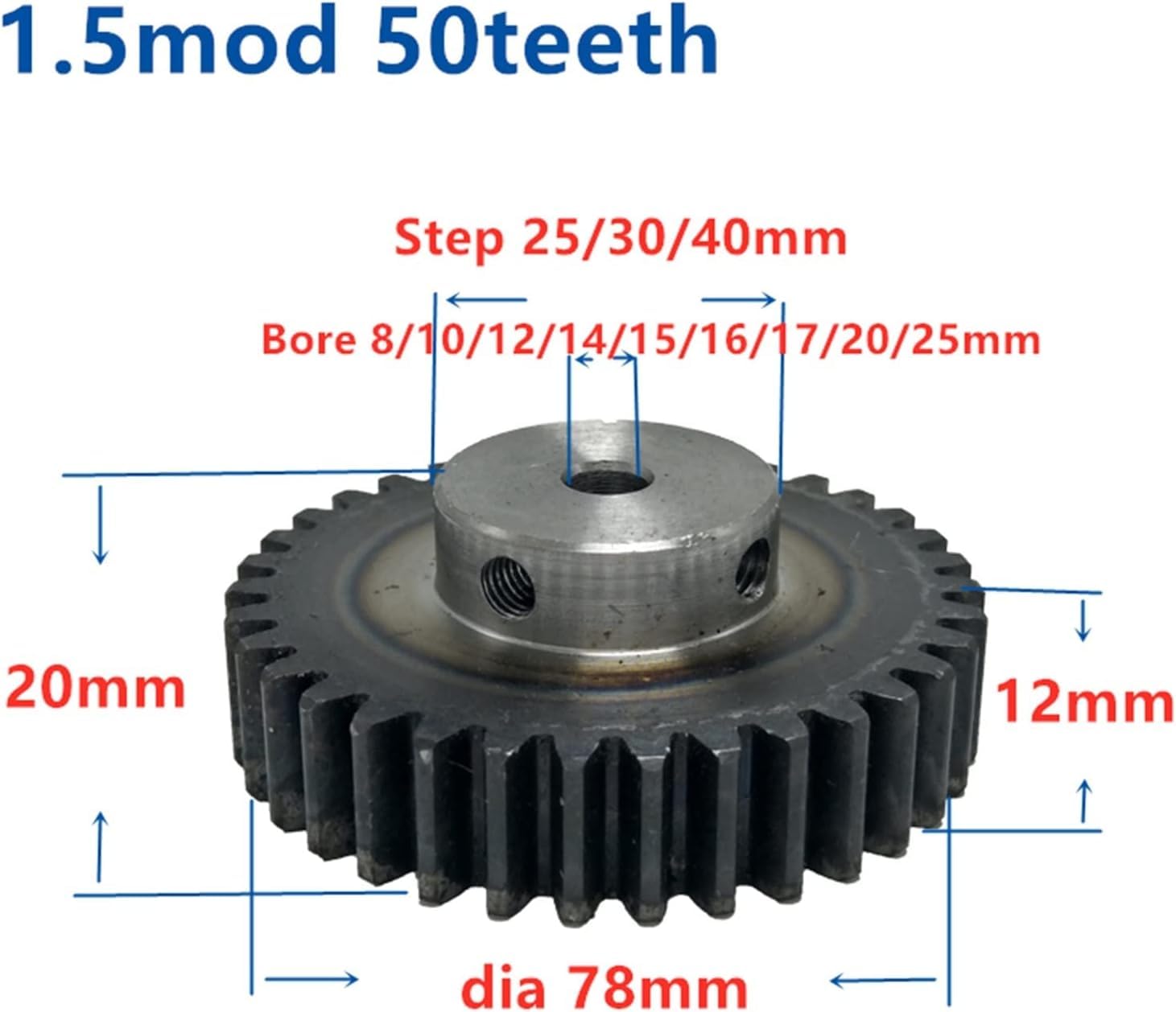 Pignon de module, pignon de moteur, 1 pièce, pignon droit de trempe, 1,5 m, 50 dents, largeur 12 mm, alésage 825 mm, 50 dents, crémaillère de module, transmission à engrenage conique(50 Teeth Step 40m