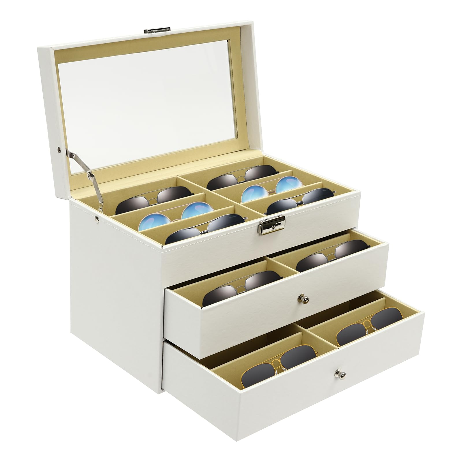 KigerNee - Scatola porta occhiali a 18 scomparti - Scatola espositore a tre piani con coperchio in vetro e chiave, in eco-pelle bianco per occhiali da sole/gioielli, dimensioni: 33x19x23 cm