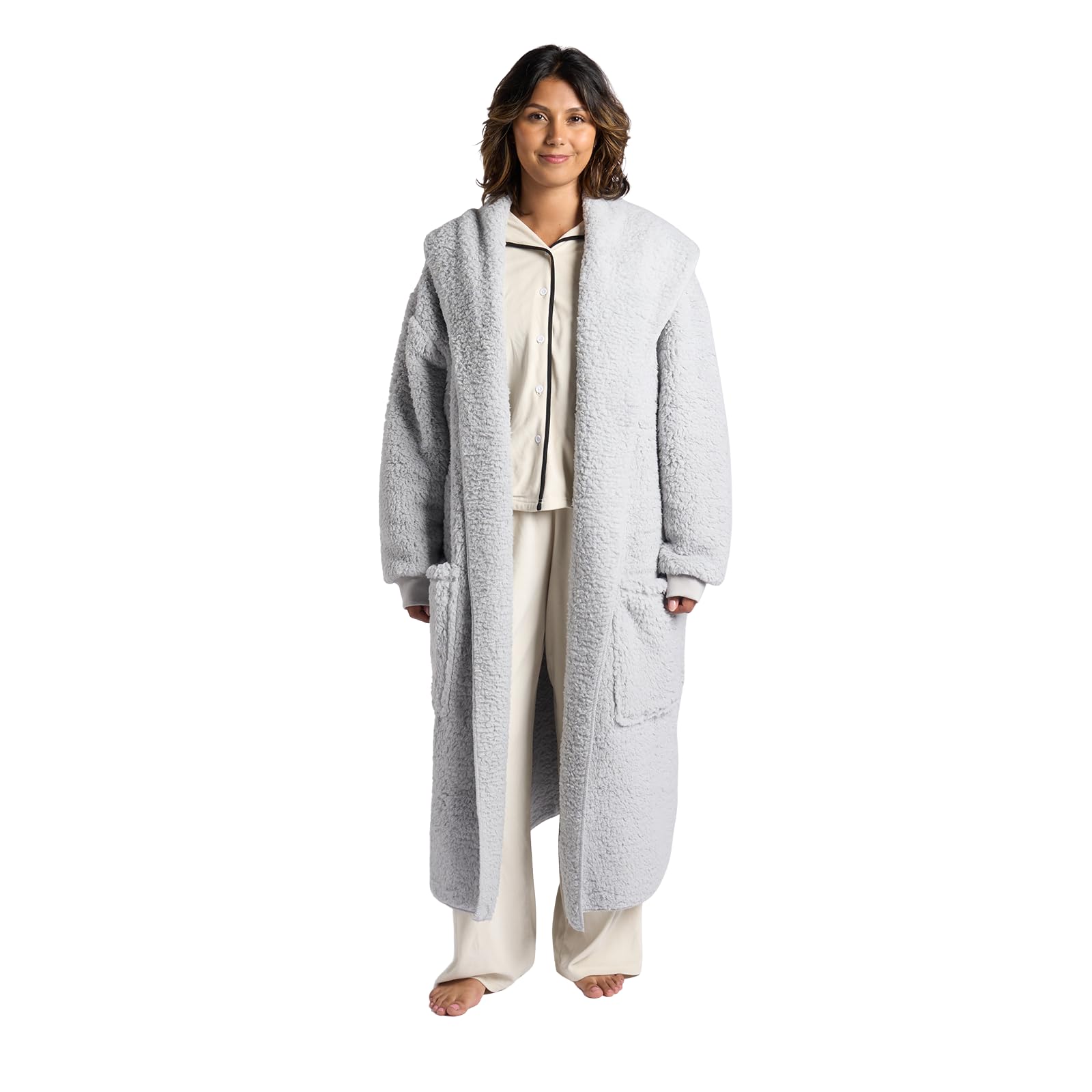 Ohs Unisex Grey Waterfall Teddy Fleece Cardigan Longer Length Open-Front Long-Sleeve Wrap Style Cardigan Sweater With Pockets Lightweight Ultra Soft Warm Casual Wear & Lounging, -L/Xl