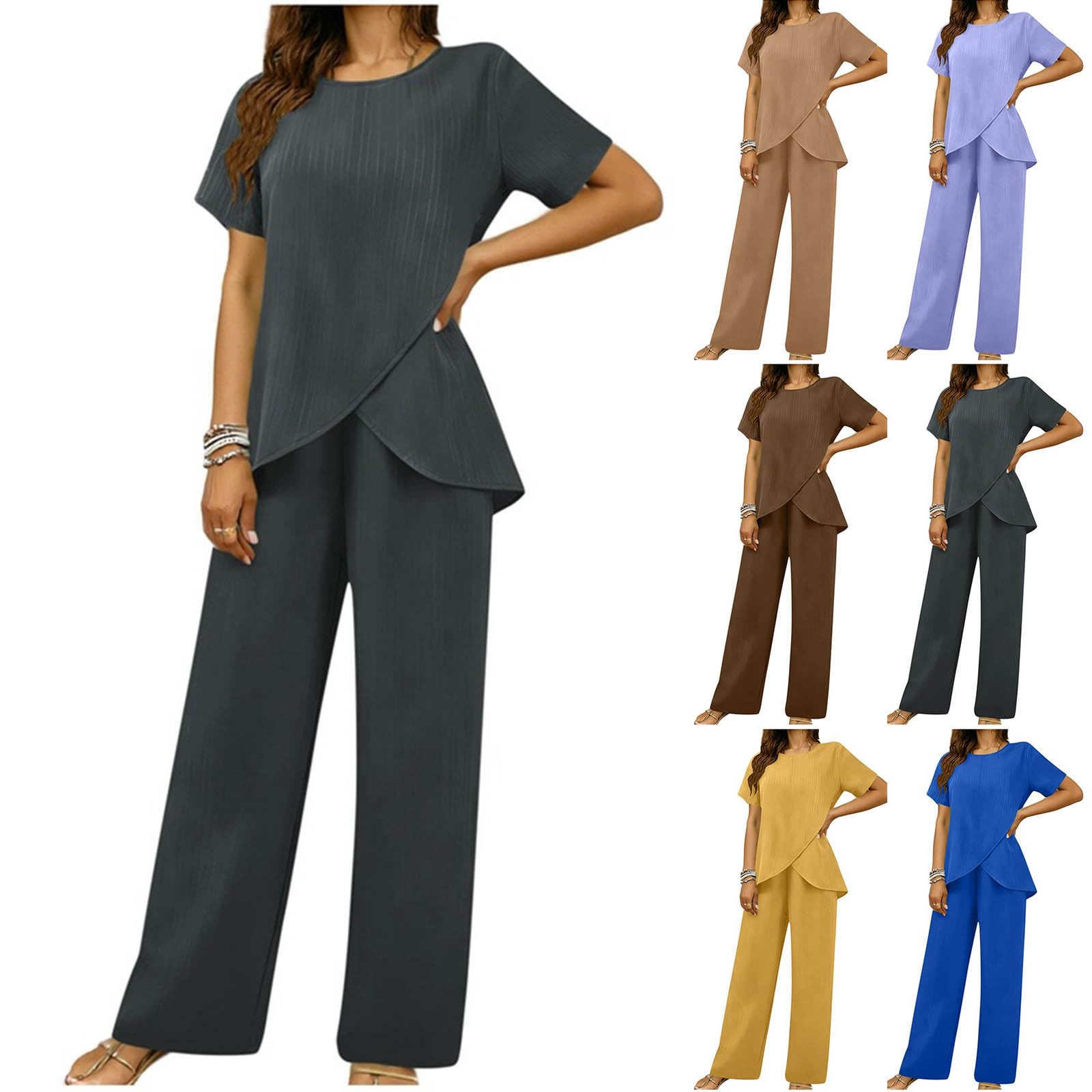 AACH Hosenanzug Damen Sommer Outfits Elegant Slim Fit 2-Teiliges Kurze Ärmel Rundkragen Oberteile und Weite Hose Zweiteiler Geschäft Büro Sportanzug Locker Einfarbig Freizeitanzug Mode Anzug