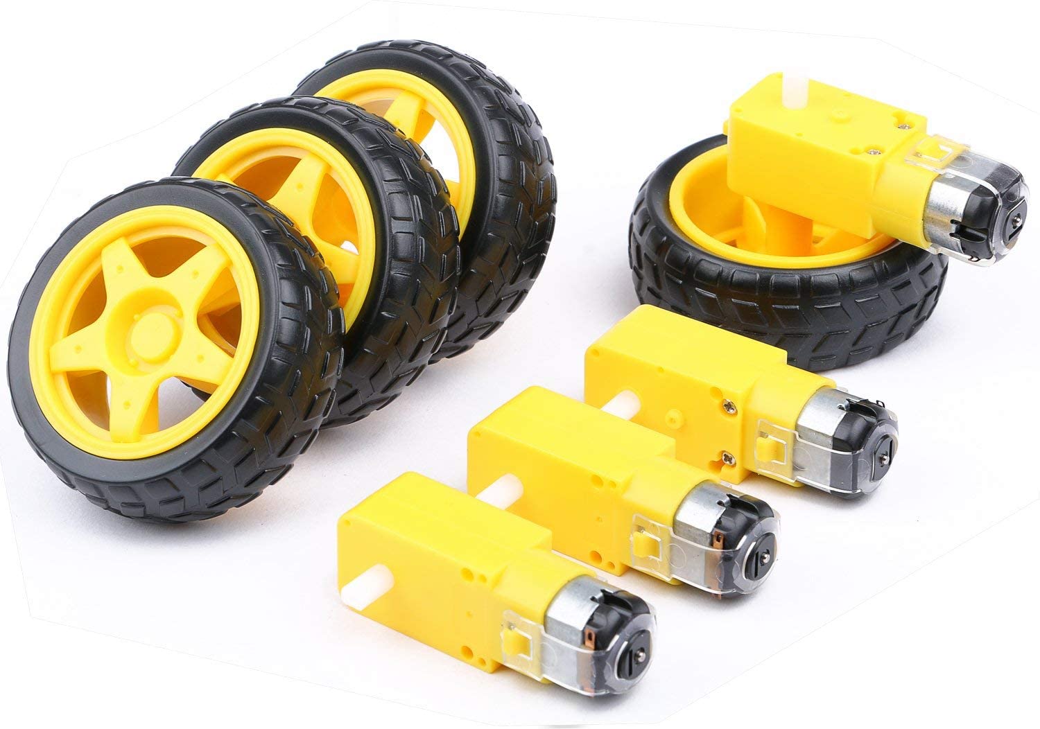 DK Enterprises 4PCs DC Electric Motor 3-6V Dual Shaft Geared TT Magnetic Gearbox Engine with 4Pcs Plastic Toy Car Tire Wheel, Mini Φ67mm Smart RC Car Robot Tyres Model Gear Parts