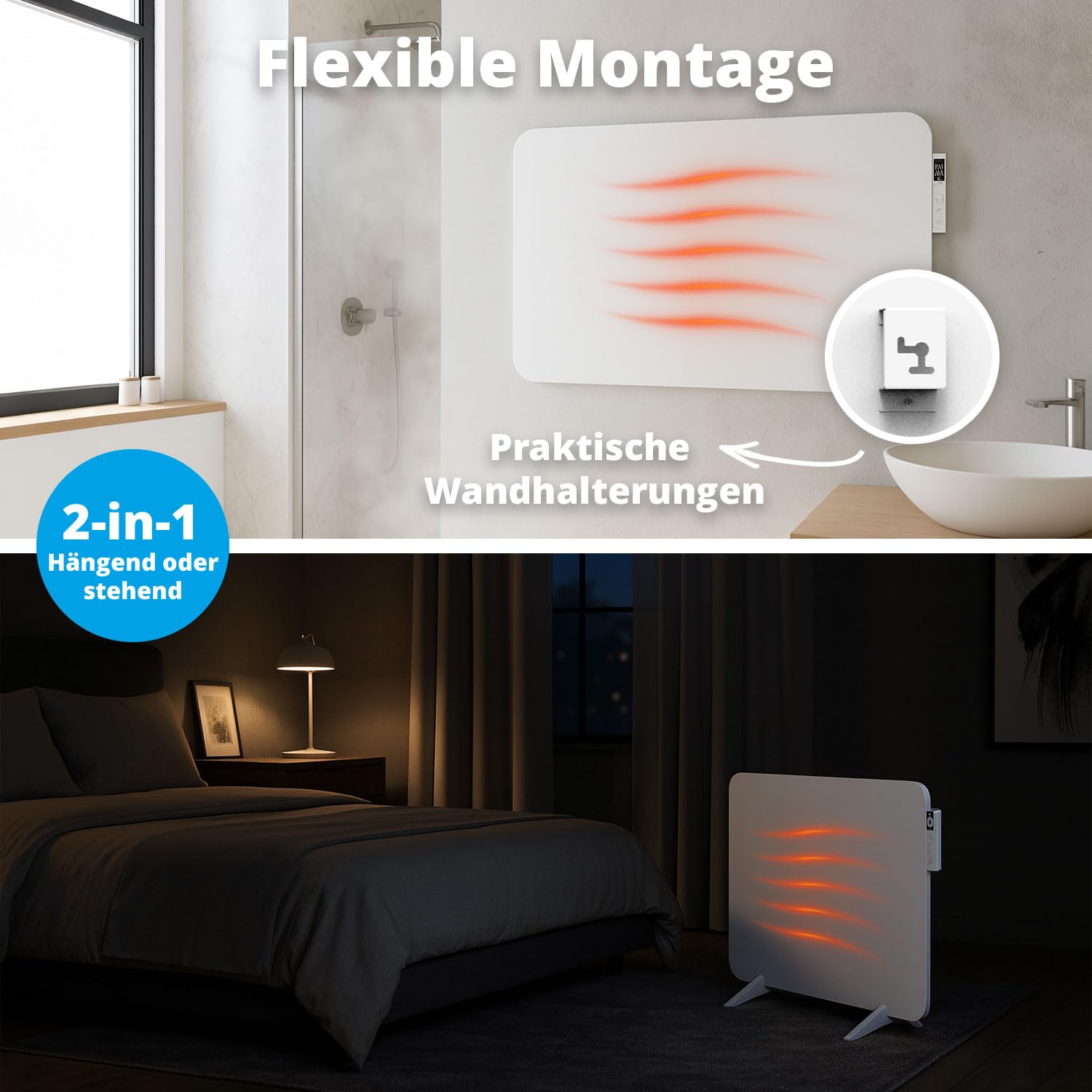 FlinQ 450W Smarte Infrarotheizung - Elektrischer Heizkörper | Infrarot Wandheizung & Standgerät - Elektroheizung für Badezimmer - Mit Thermostat - Weißes Panel