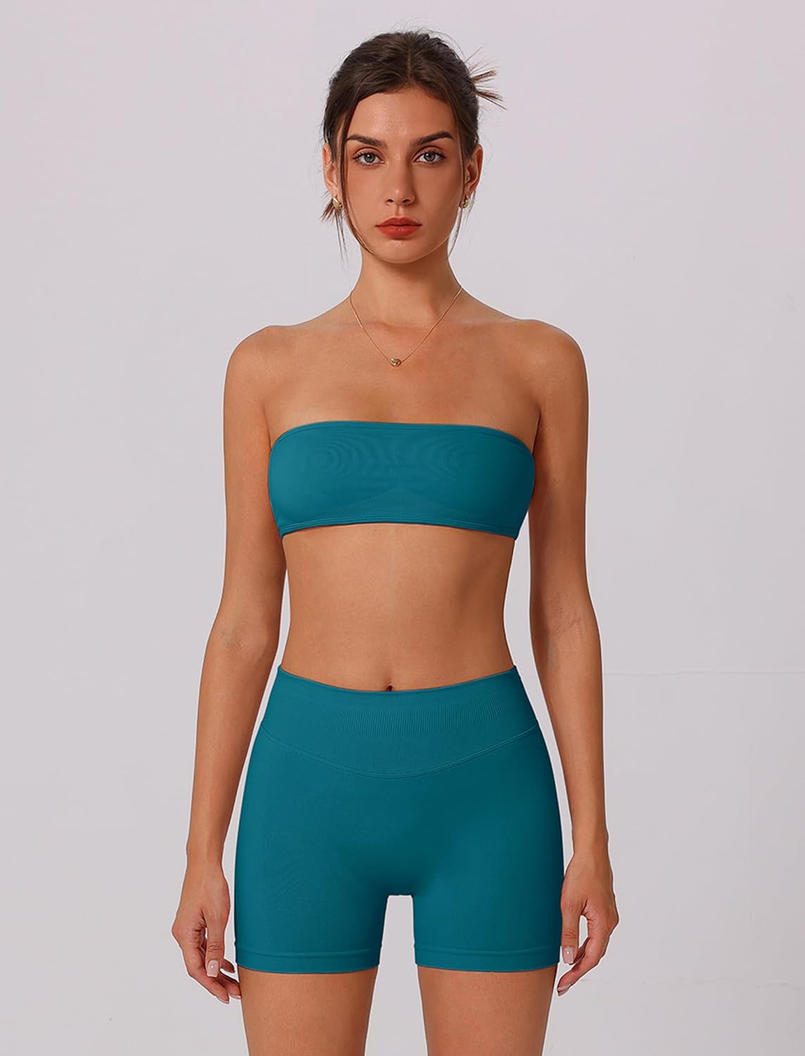 ABOCIW Workout Sets for Women Backless Bandeau Sports Bra Seamless Scunch Butt Lifting High Waist Biker Shorts Gym Set