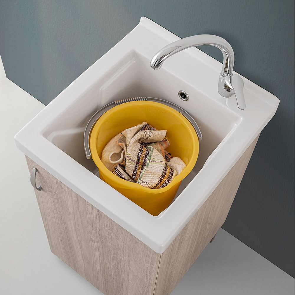 Mobile lavatoio Lavanderia in Legno con Vasca in Ceramica Resistente agli acidi, Completo di Kit sifone + piletta (Olmo, 45x50 cm 1 Anta)