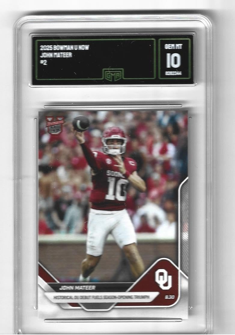 Graded Gem Mint 10 John Mateer 2025 Bowman U Now Football Card #2 Historical Oklahoma Sooners Debut Fuels Triumph