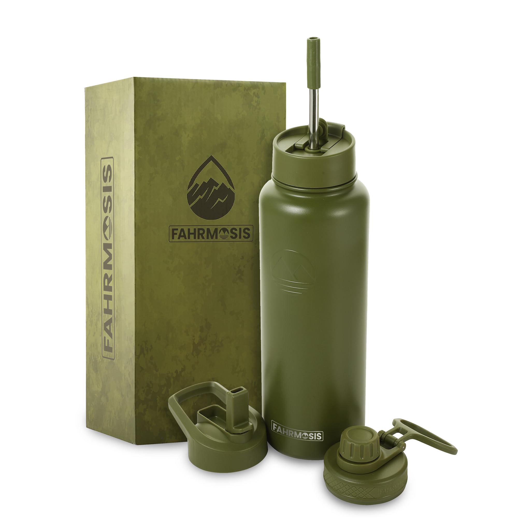 FAHRMOSIS 40 Oz Water Bottle with Straw Stainless Steel Sports Water Bottle with 3 Lids (Straw, Chug and Flip Lid) Insulated Leak Proof Metal Jug for