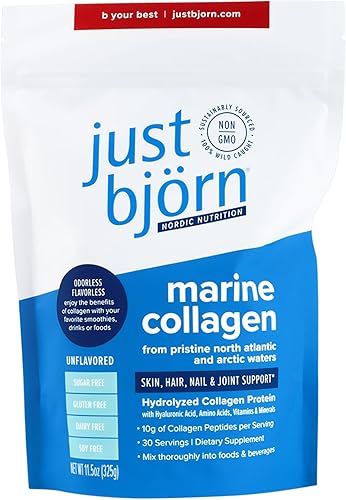 just björn Polvo de péptidos de colágeno marino sin sabor  Soporte para la piel, el cabello, las uñas y las articulaciones + ácido hialurónico, disponible en Yaxa Peru