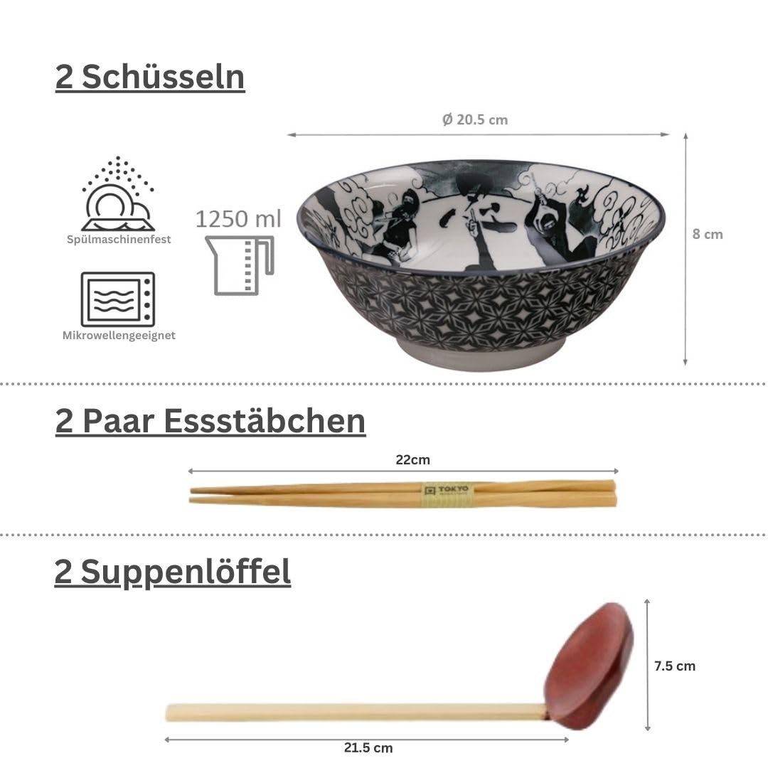 TOKYO Design Asakusa Ninja Schalen 2er Set | Japanisches Porzellan | Suppenschalen Ø 20.3 cm, 8 cm, 1200 ml | Geschenkset inkl. Essstäbchen & Holzlöffel | Made in Japan | Für Ramen, Nudeln & Suppen