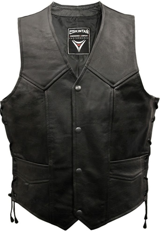 Skintan Men's Black Genuine Leather Full Cowhide Lace Sided Tasselled Biker Gilet Waistcoat Classic Custom Motorbike Vest 7XL 56
