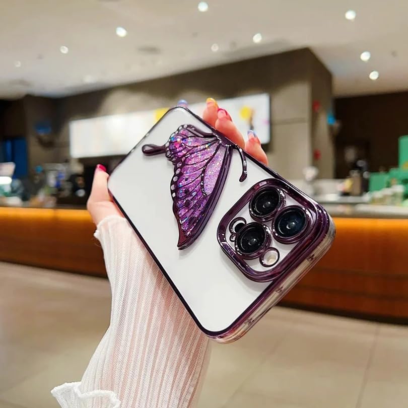 Image of PEEPERLY Back Cover Case for iPhone 14 Pro Max Scratch Resistant Anti-Slip TPU Shockproof Protective Durable Glowing Butterfly Transparent Case for Girls & Women(Purple)