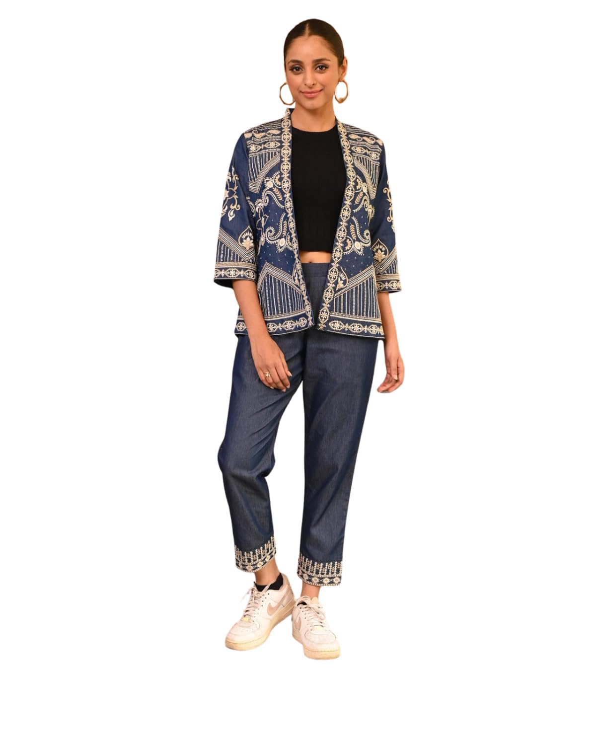 Women's Blue Embroidered Denim Jacket | Ethnic Floral Thread Work Open Front Shrug Style Jacket | 3/4 Sleeves Casual Fusion Wear-image-17