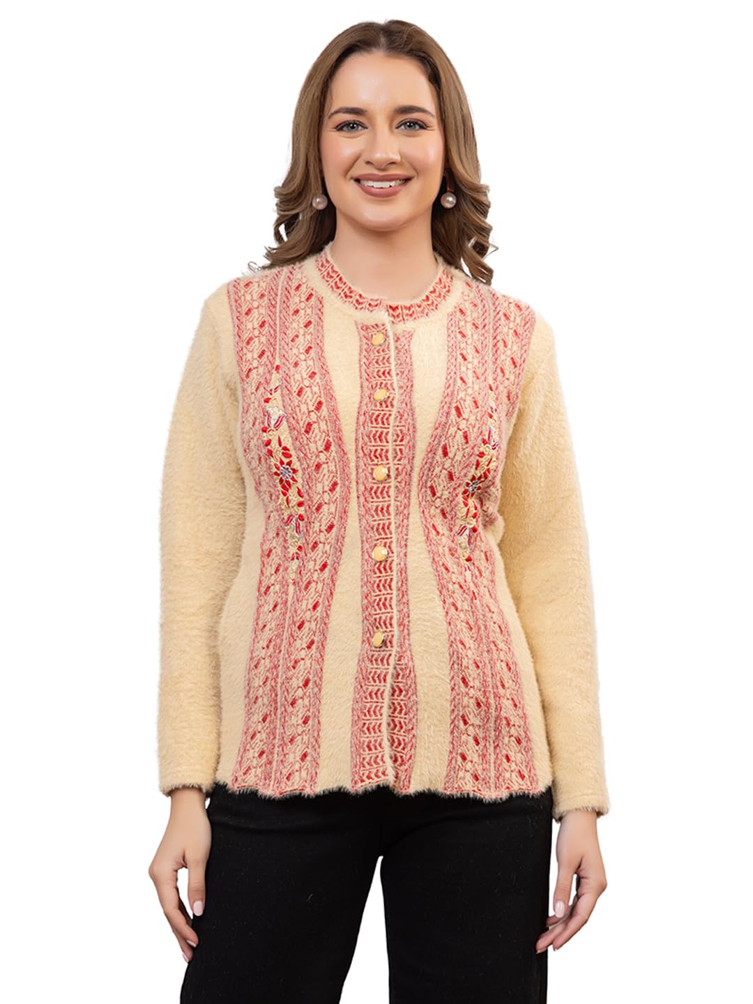 dadu dayal Women's Luxury Shaggy Knit Cardigan Sweater | Elegant Crew Neck Button-Up Outerwear | Embroidered Vertical Panel Design | Warm & Soft Winter Essential Knitwear-picture-17