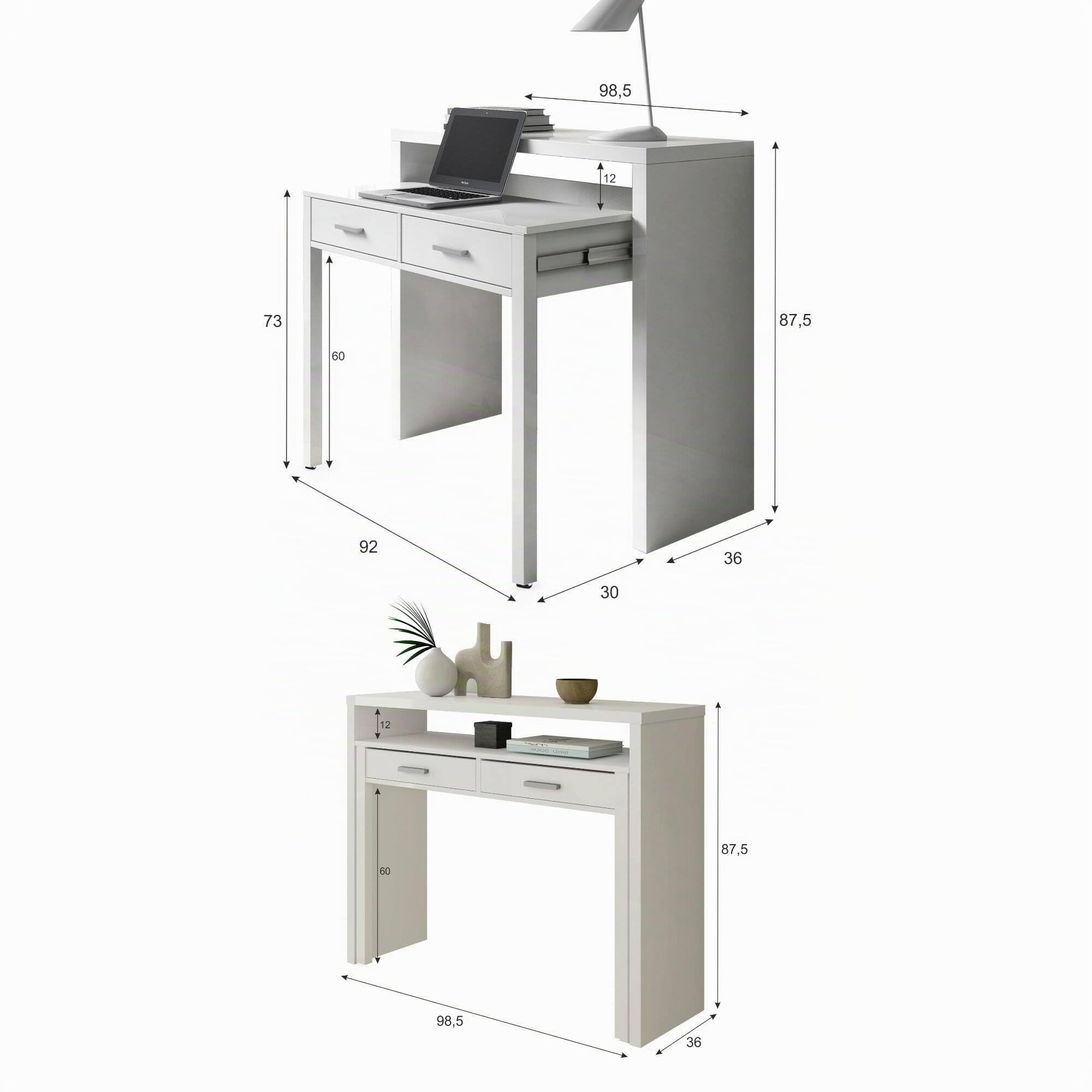 Dmora - Billings Schreibtisch, Schreibtisch mit ausziehbarer Platte, PC-Schreibtisch mit 2 Schubladen, 99 x 36 x 88 cm, Weiß