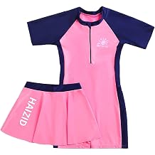 Girls One-Piece Swimsuit with Detachable Skirt, Kids Raglan Sleeve Two-Tone Swimming Costume, Short Sleeve Swimwear for Big Girls