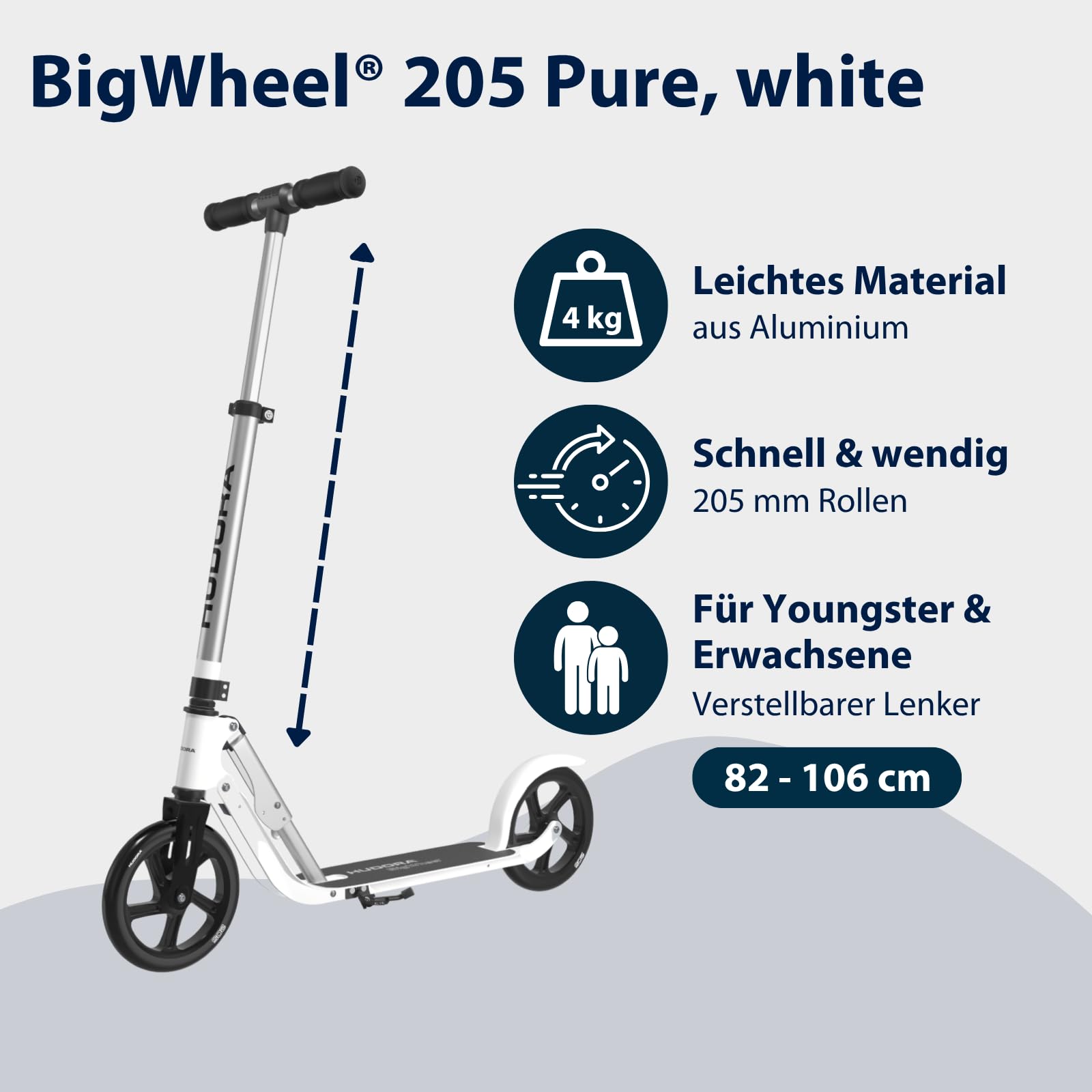 HUDORA BigWheel Pure Scooter I Stabiler Aluminium-Roller mit Ständer I Höhenverstellbarer & zusammenklappbarer Cityroller für bis zu 100kg I Tretroller für Jugendliche und Erwachsene