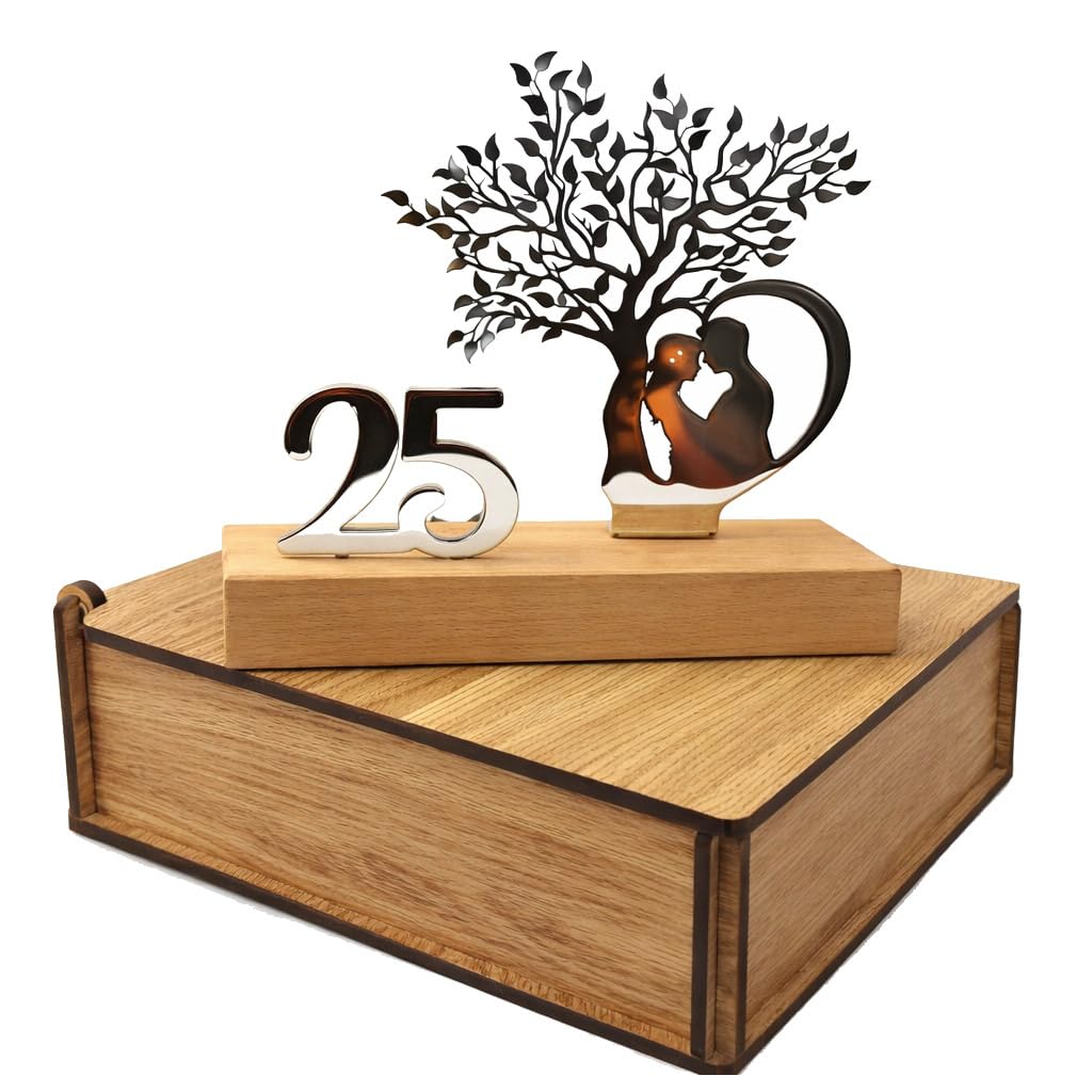 50 Aniversario Bodas Oro -Regalos 25, 50 Aniversario Boda- Figura Decorativa en Acero Inoxidable y Madera de Haya con Estuche de Madera de Lujo- Regalos para Bodas de Oro