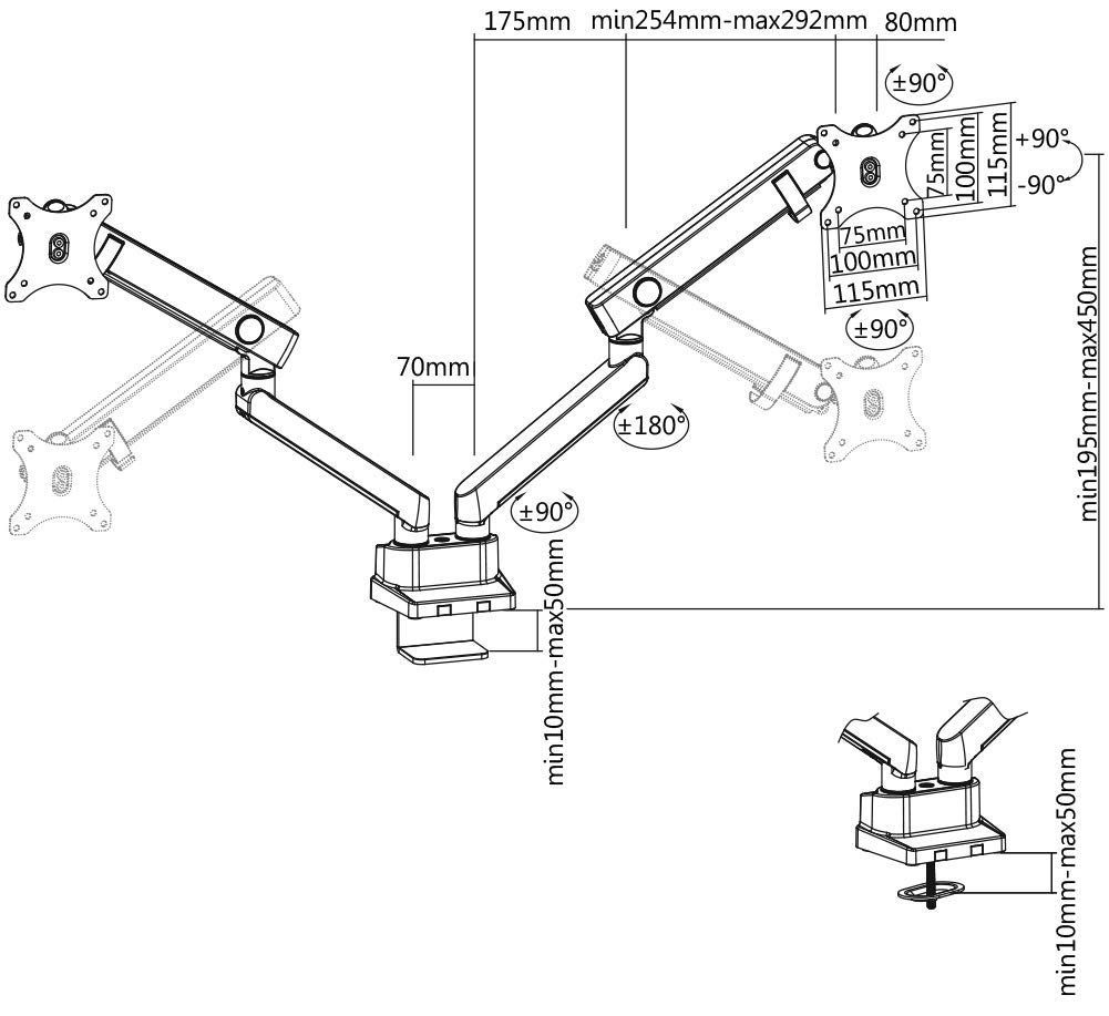 ICY BOX Supporto per doppio monitor per 2 monitor fino a 32", si attacca al piano del tavolo o al bordo del tavolo, acciaio, nero (IB-MS314-T)