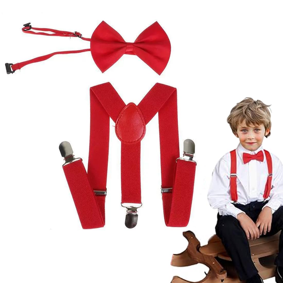 Tirantes Ajustables en Forma de Y y Pajarita para Niños - Set Rojo con Portabebés