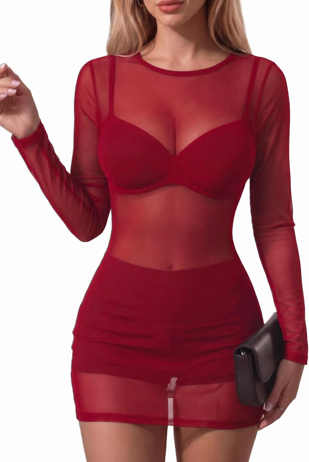 Avidlove Women's Sheer Mesh Bodycon Mini Dress Long Sleeve