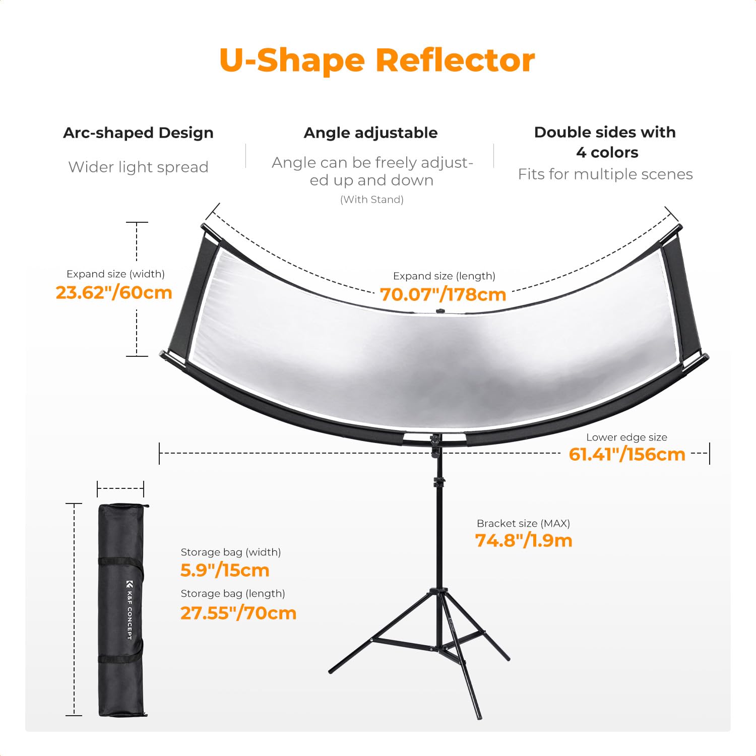 K&F CONCEPT U-Shape Reflector Curved Reflector 180x60cm with 4-in-1 Reflective Fabric, Black/Gold/White/Silver, with 1.9m Stand, with Storage Bag, for Photography Studios