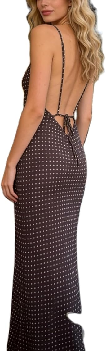 SOOKABEILA Women Polka Dot Summer Sundress Y2k V Neck Tie Back Spaghetti Strap Maxi Dress 2025 Slim Fit A Line Beachwear