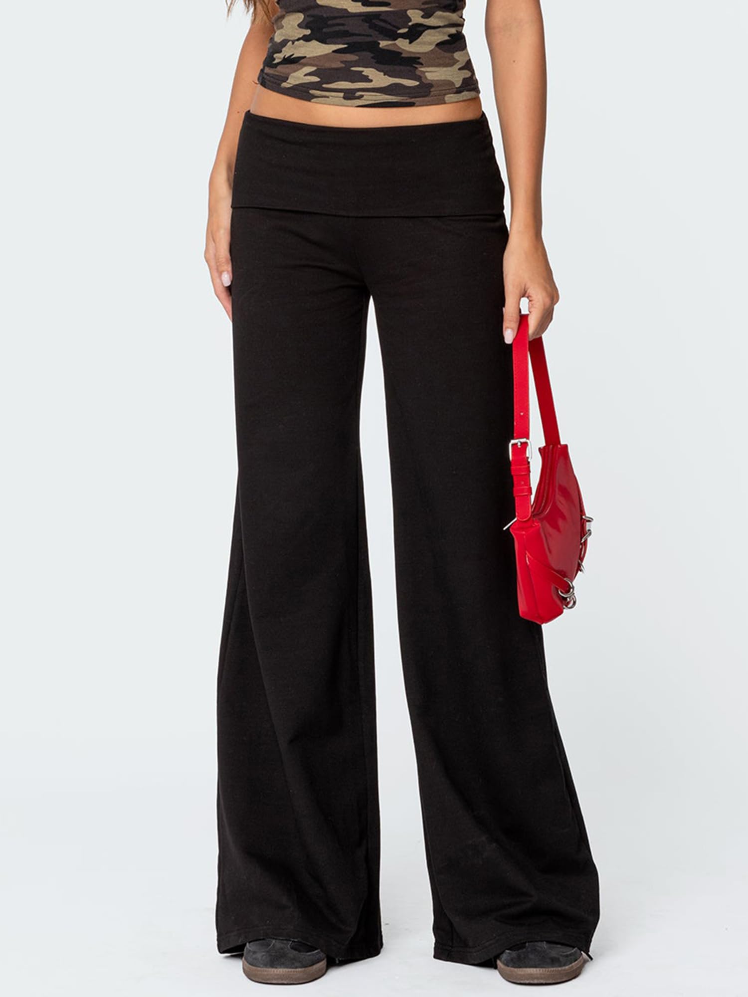 Pantaloni da yoga da donna a vita bassa a gamba larga pantaloni della tuta a zampa svasata pantaloni a campana Y2K Lounge Foldover pantaloni