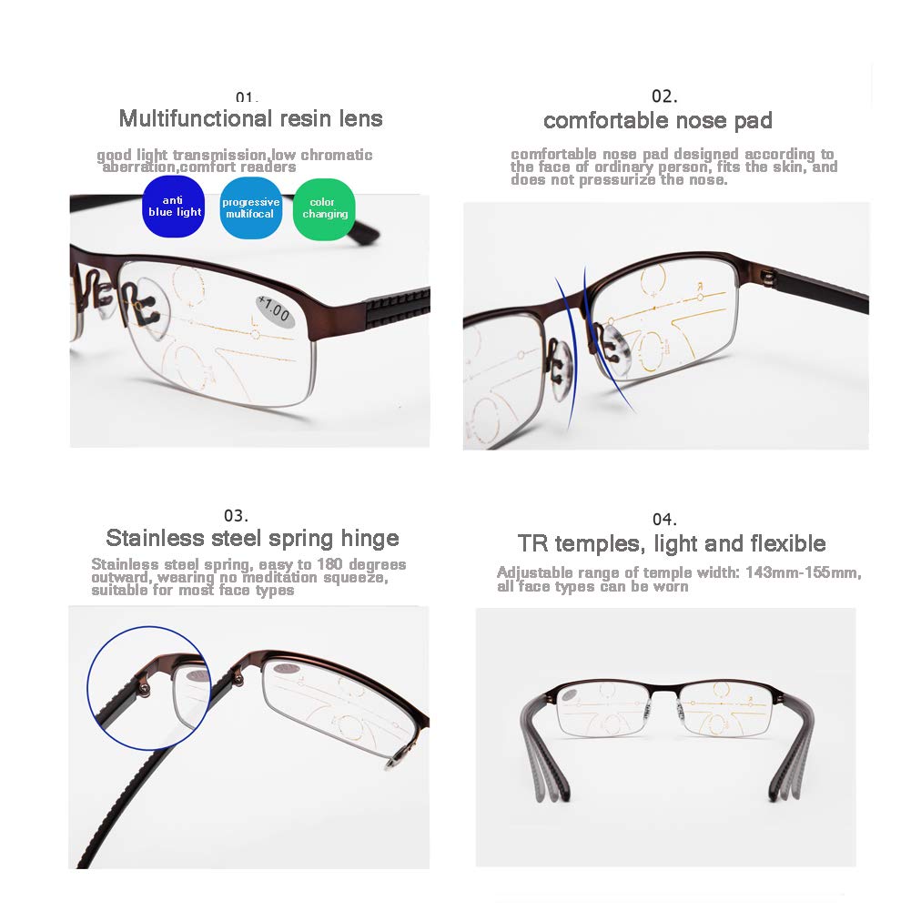 Herren-Lesebrille Classic mit ultraleichtem Halbrand-Metallrahmen, photochromen Brillen, multifokalen Dioptrien-Gleitsichtgläsern, Sonnenbrillen für den Innen- und Außenbereich, Comfort Readers
