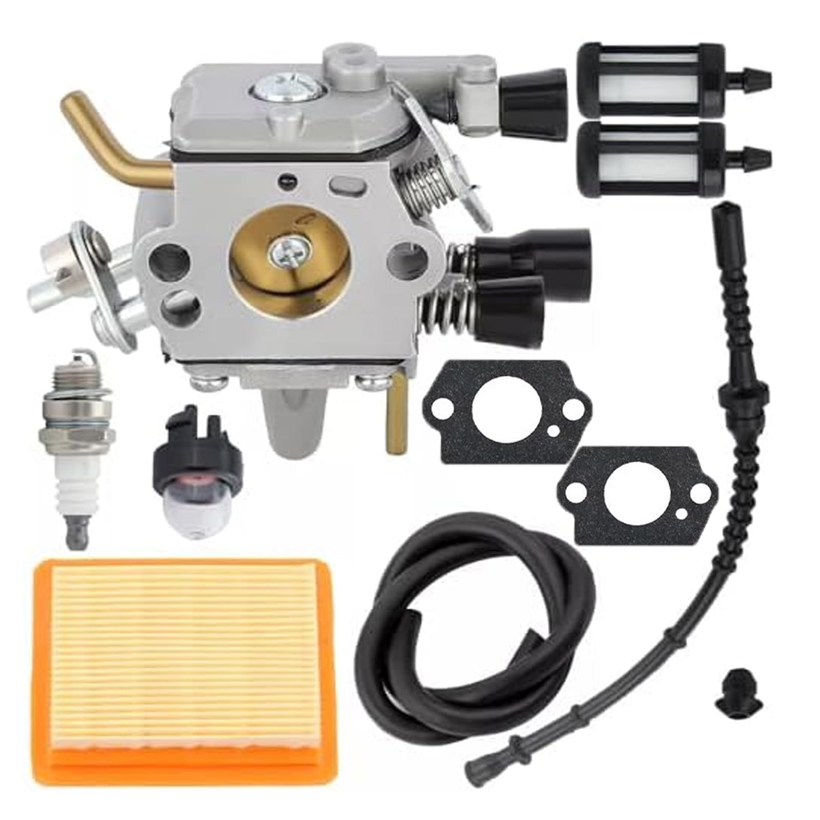 Carburetor Kit for Stihl FS120 FS200 FS250 FS300 FS350 Brushcutter, Air Filter + Spark Plug + Fuel Hose + Fuel Filter Professional Carburetor Rebuild Replacement Set