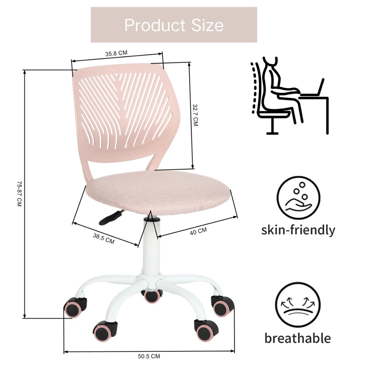 FurnitureR Teenage Office Chair, Height Adjustable Armless Task Seat, Colourful Study Chair for Home and Office, Computer Seat, Ergonomic & Swivel, 40.5 x 44 x 87cm, Morandi Pink