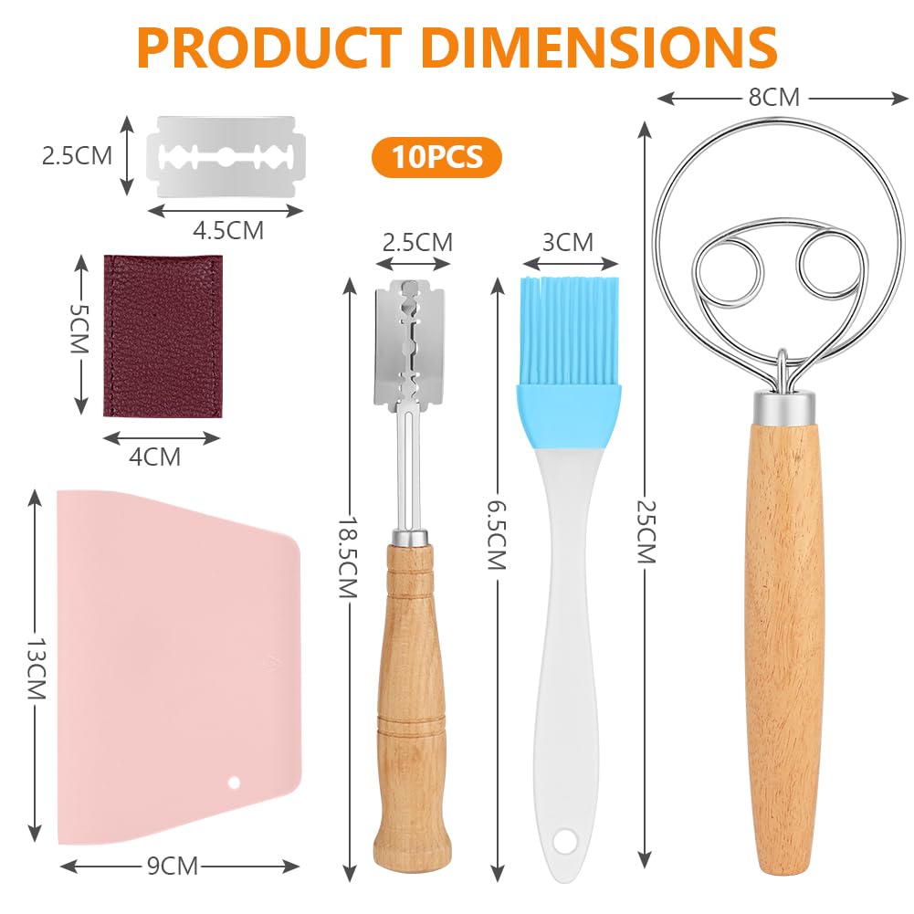 OSDUE Cuchilla Panadero, 4 Piezas Batidor Danés, Cuchilla Panadero Greñar Pan con 10 Hojas & Funda Protectora, Espátula para Masa y Cepillo Hornear, Ideal para Baguettes Masa Pan Casero y Repostería