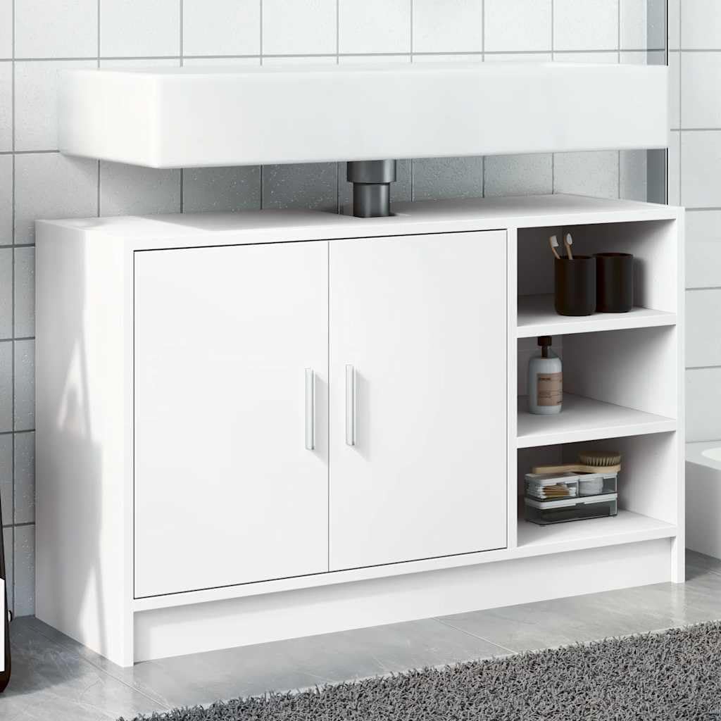 Mangloder Armoire d'évier Blanc Bois d'ingénierie 90x29x55 cm Meuble sous lavabo avec Rangement 2 Portes 3 Compartiments pour Salle de Bain Toilette buanderie Pratique et Stable