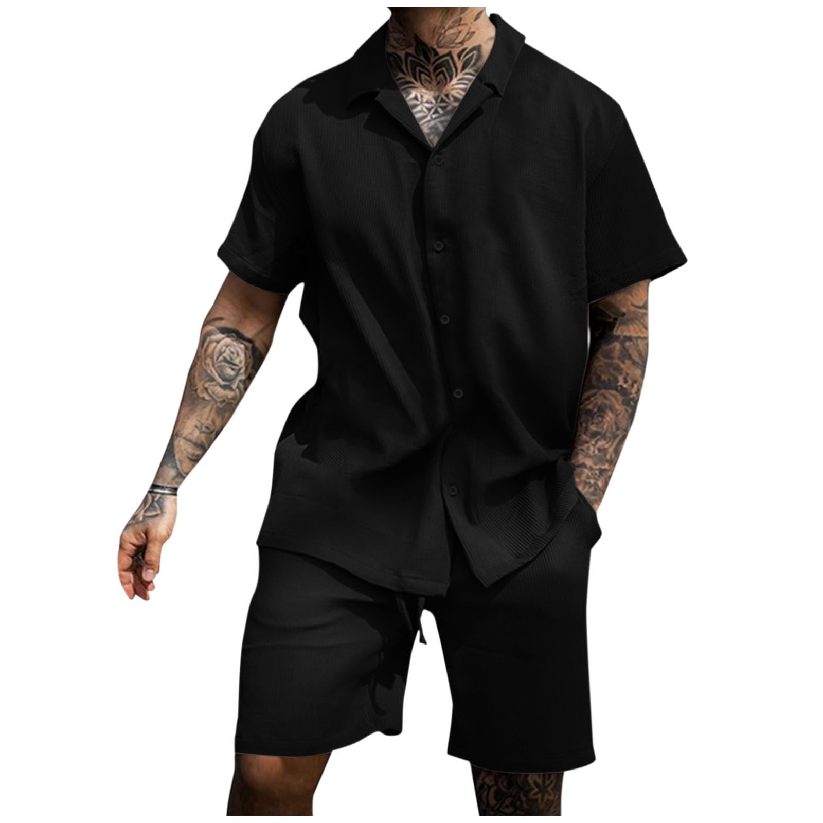 AEGJEGVDMens 2 Piece Summer Sets Clearance Corduroy Lapel Short Sleeve Button Blouses Tops and Drawstring Shorts Suit Casual Loose Fashion Co Ord Set Gym Sport Beach Tracksuit Sets S-3XL Warehouse Deals