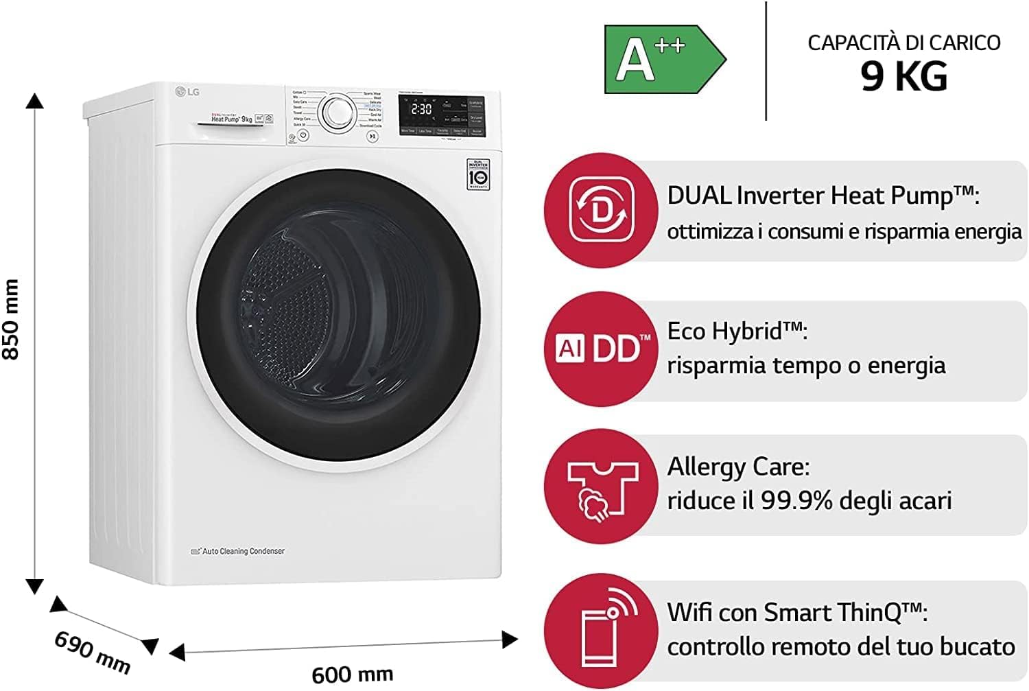 LG RH90V5AV6N Asciugatrice Smart a Carica Frontale 9 Kg, Libera Installazione, Classe D, Intelligenza Artificiale, 60 x 69 x 85 cm - Bianco