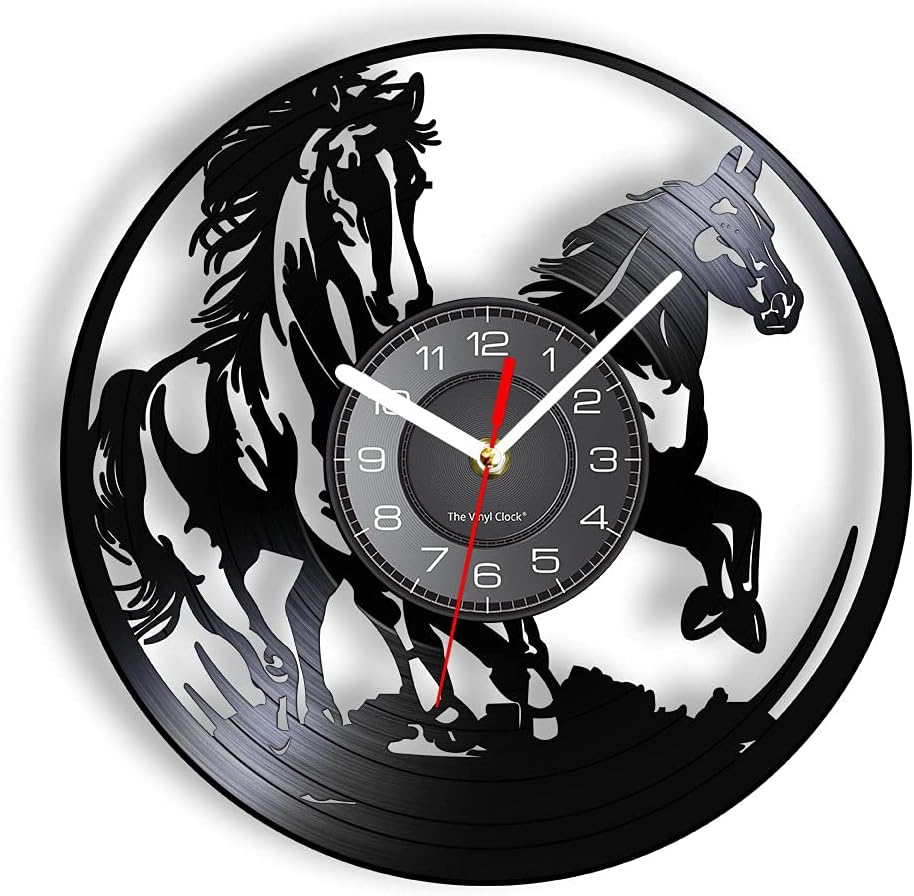 Running Horses Vinyl Record Wall Clock Horse Silhouette Laser Etched Album Music Record Silent Quartz Wall Watch Horseman Home Decor
