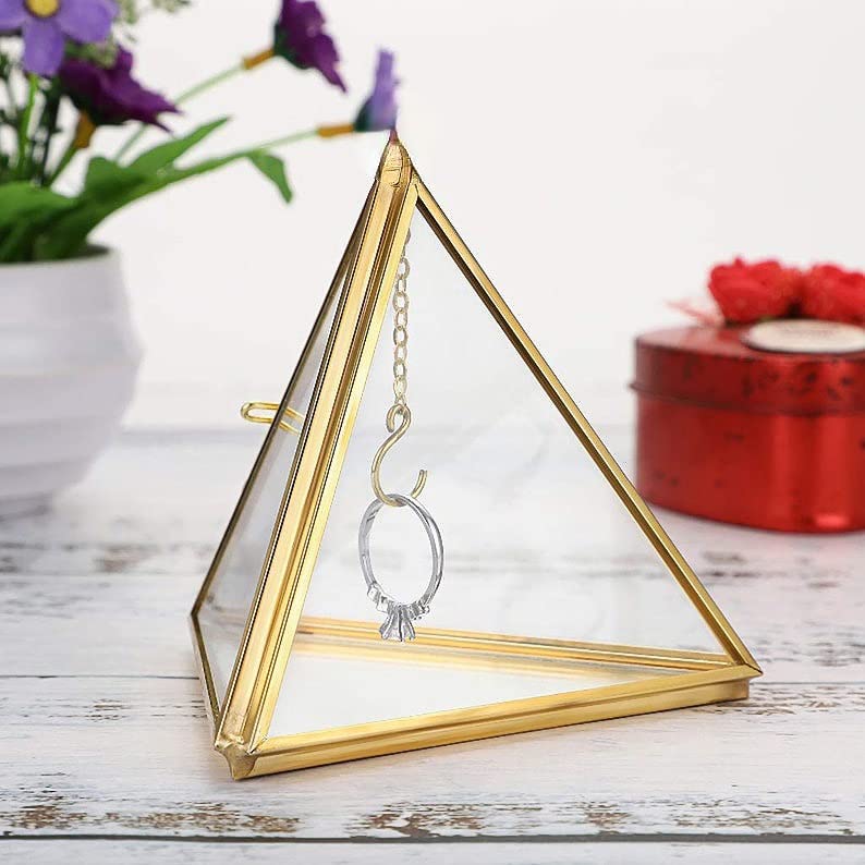 ARTINCO Collections Triangular Glass Jewelry Box, Ring Box (Gold) 4×4 Inches