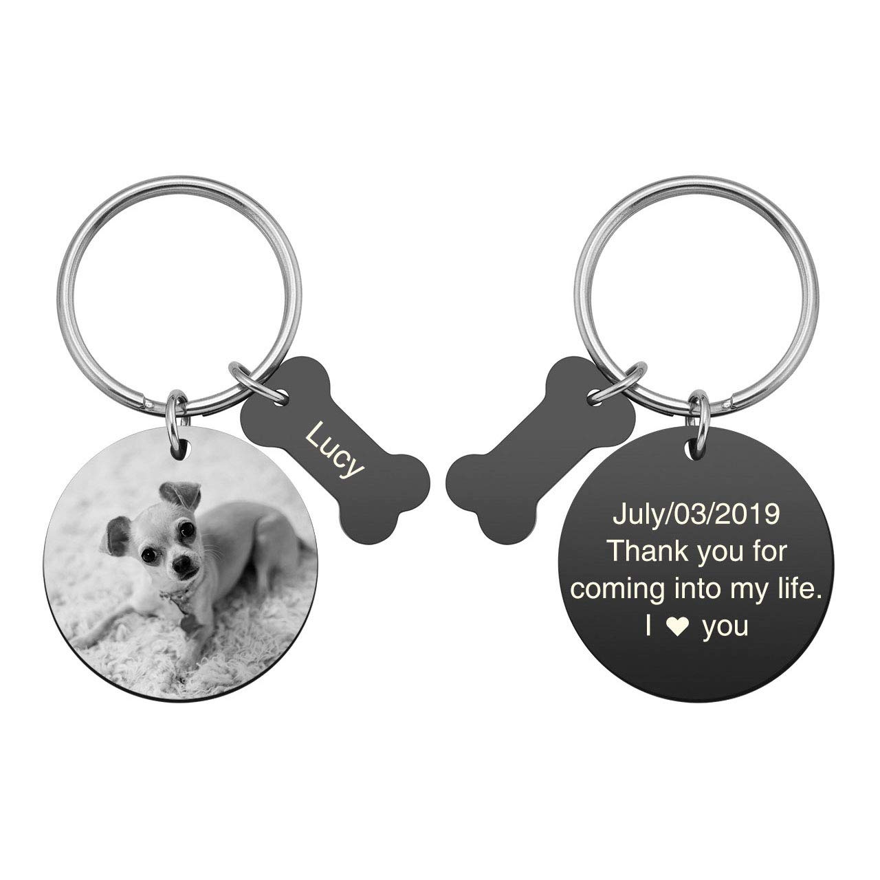 BOPREINA Personalized Custom Photo Text Round Tag Bone Pendant Keychain Customized Pet Picture for Pet Lovers Sympathy Gift